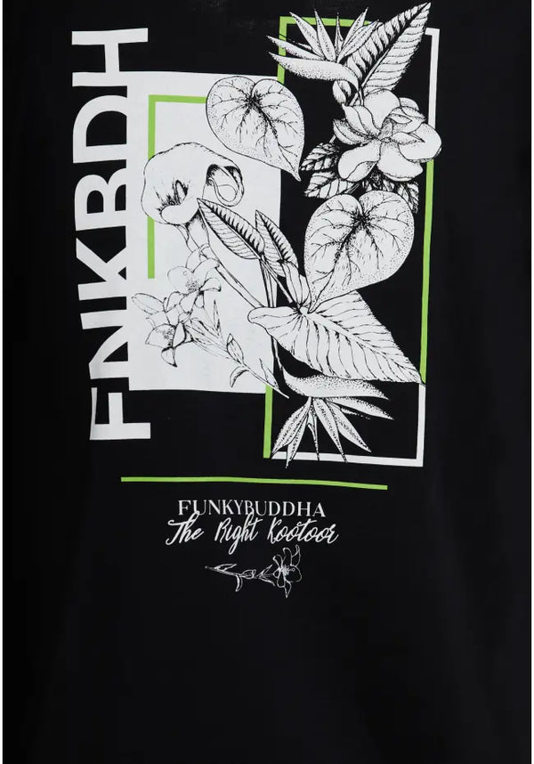 T-SHIRT FUNKY BUDDHA ΜΕ FLORAL FRAME ΤΥΠΩΜΑ ΣΤΗ ΠΛΑΤΗ ΜΑΥΡΟ