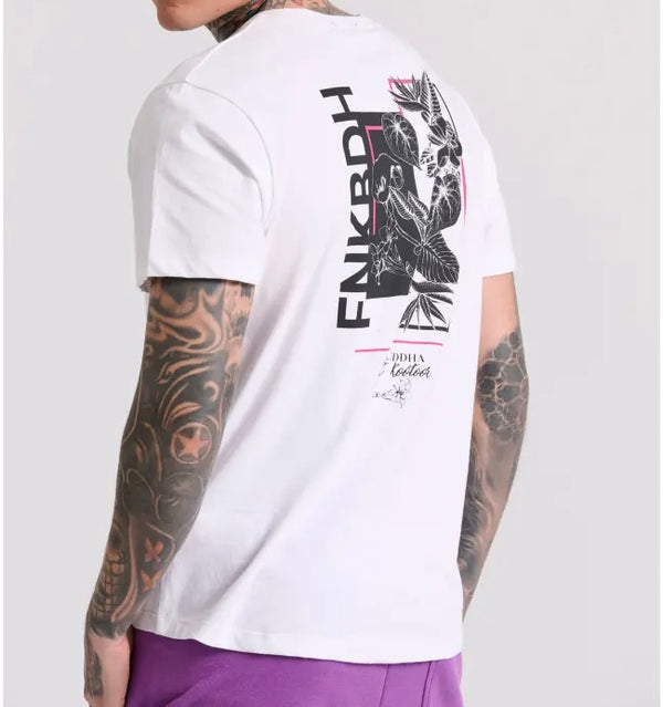 T-SHIRT FUNKY BUDDHA ΜΕ FLORAL FRAME ΤΥΠΩΜΑ ΣΤΗ ΠΛΑΤΗ ΛΕΥΚΟ