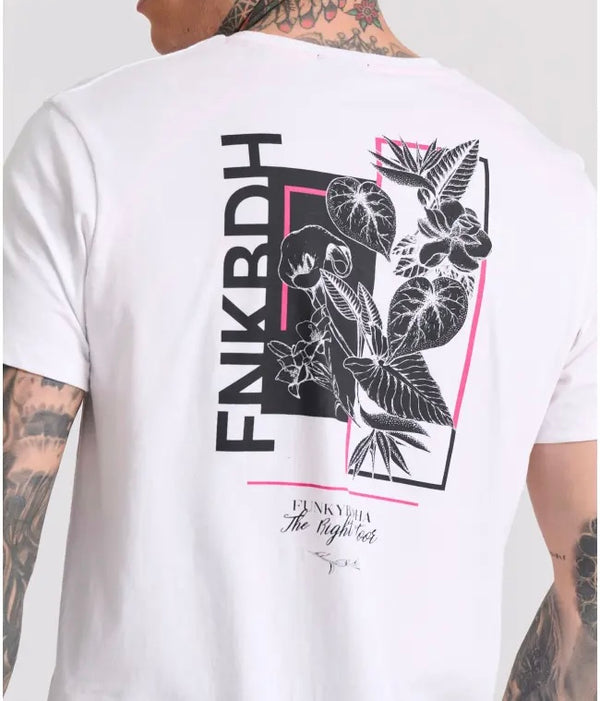 T-SHIRT FUNKY BUDDHA ΜΕ FLORAL FRAME ΤΥΠΩΜΑ ΣΤΗ ΠΛΑΤΗ ΛΕΥΚΟ